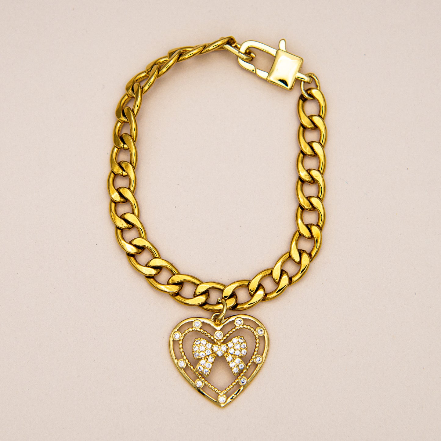 Heart and Knotted Bow Cuban Charm Bracelet
