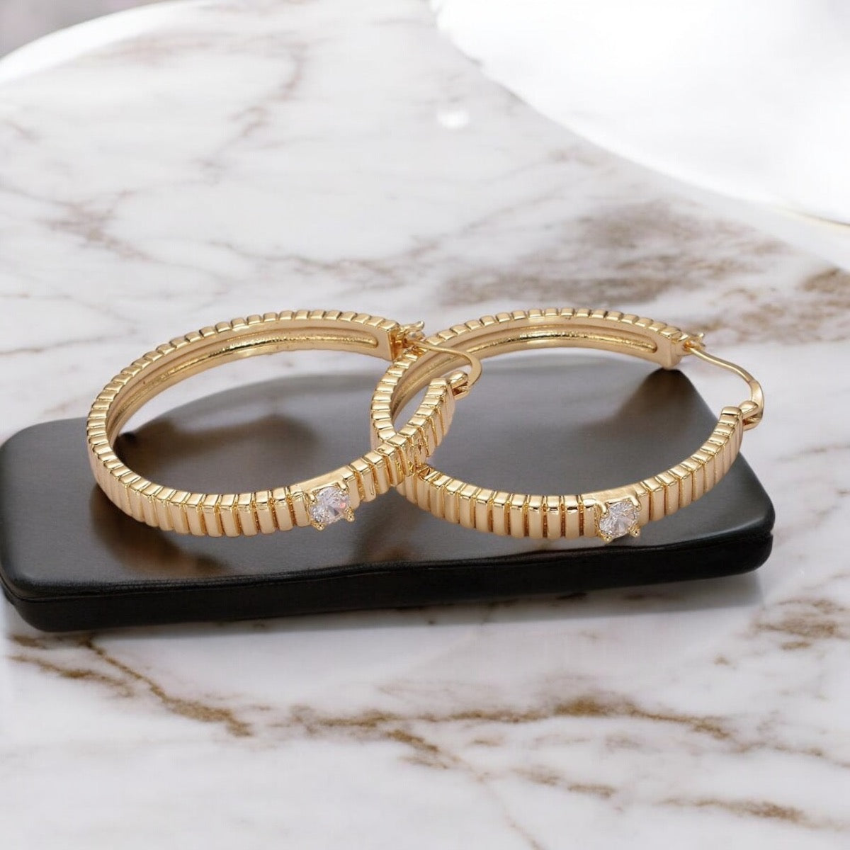 CZ Ribbed Latch hoop Earrings