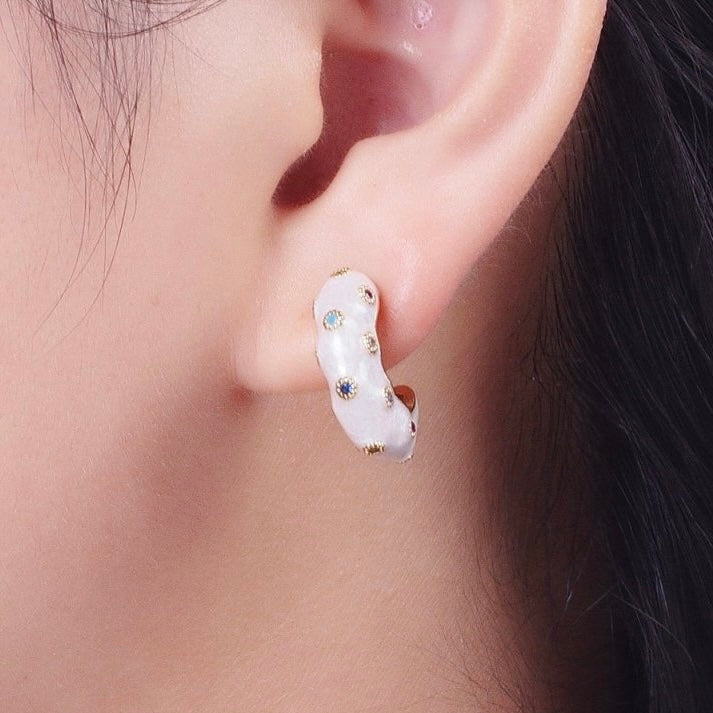 Dotted CZ Gold C Shape Hoop