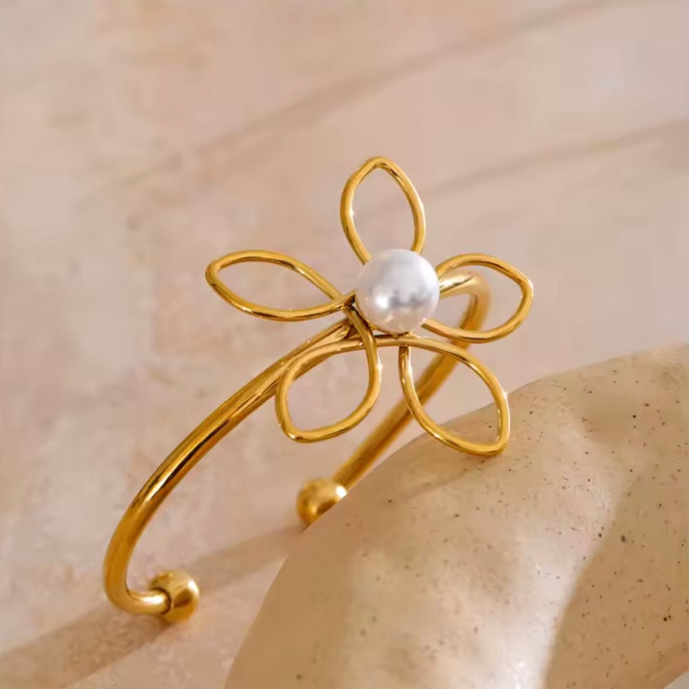 Hollow Pearl Flower Bangle Bracelet