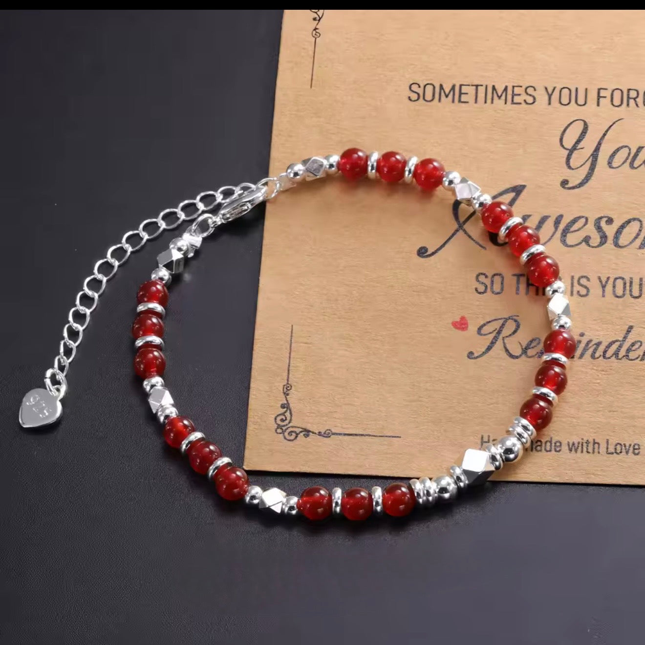 Sterling Silver Red Agate Beaded Bracelet