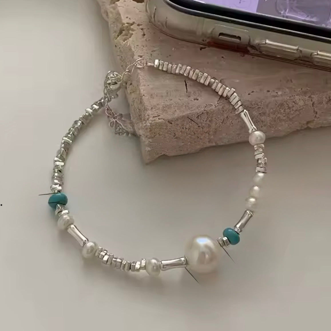 Geometric Pearl and Turquoise Silver Beaded Bracelet