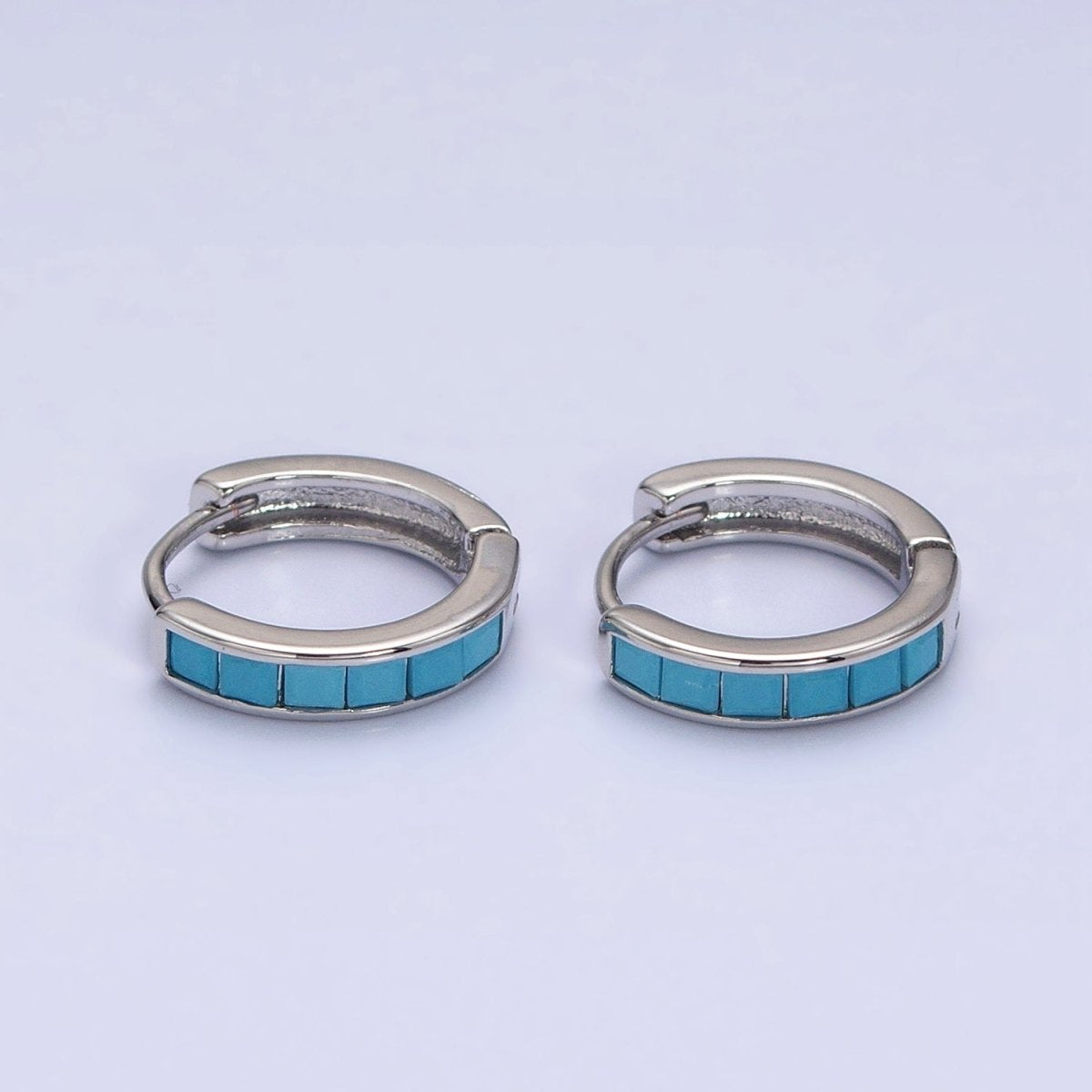 Lined Turquoise Square CZ Huggies