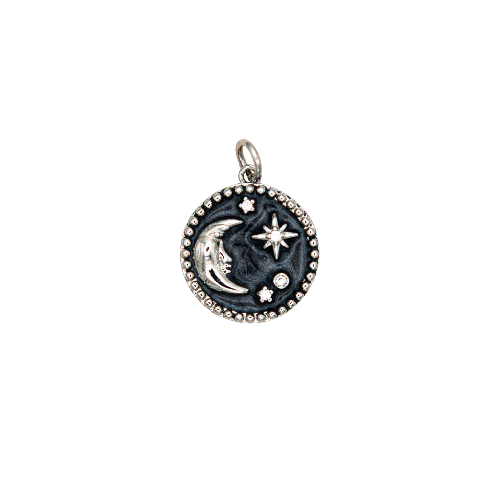Black Enamel Crescent Celestial Moon and Stars