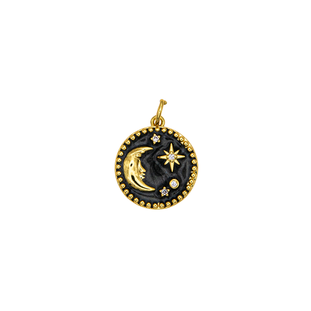 Black Enamel Crescent Celestial Moon and Stars