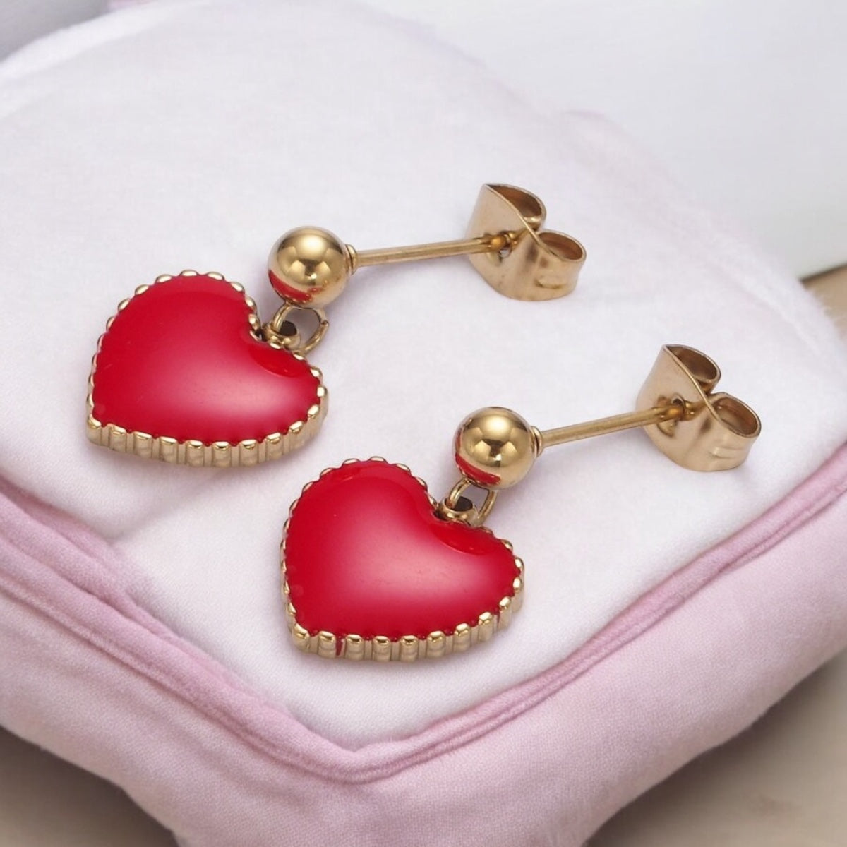 Red Heart Enamel Bead Drop Stud Earrings