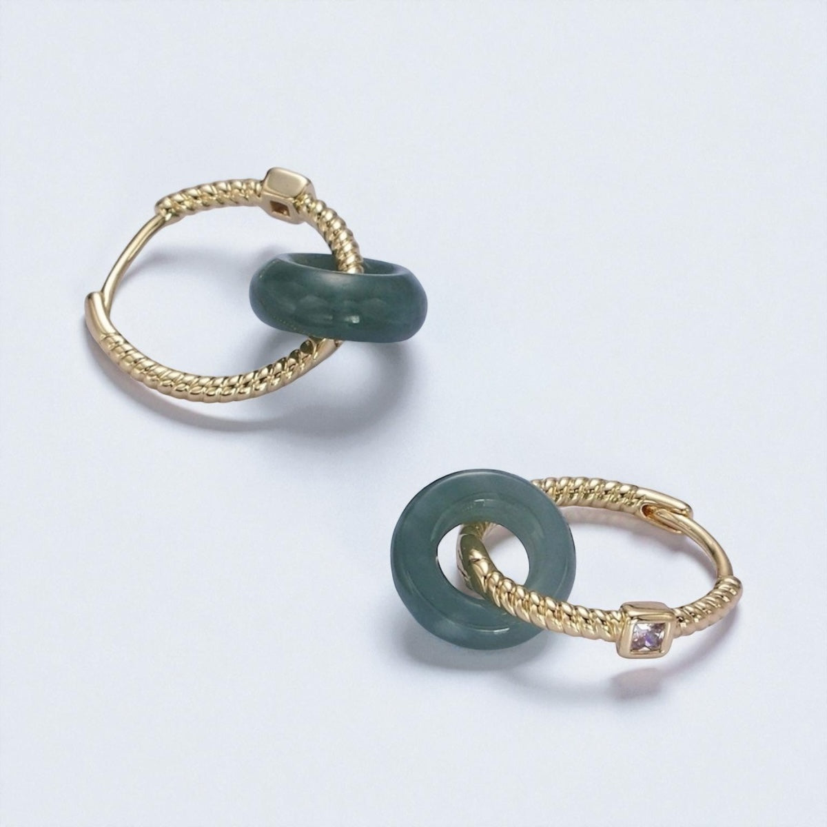 Green Jade Doughnut CZ Huggie Hoop Earrings