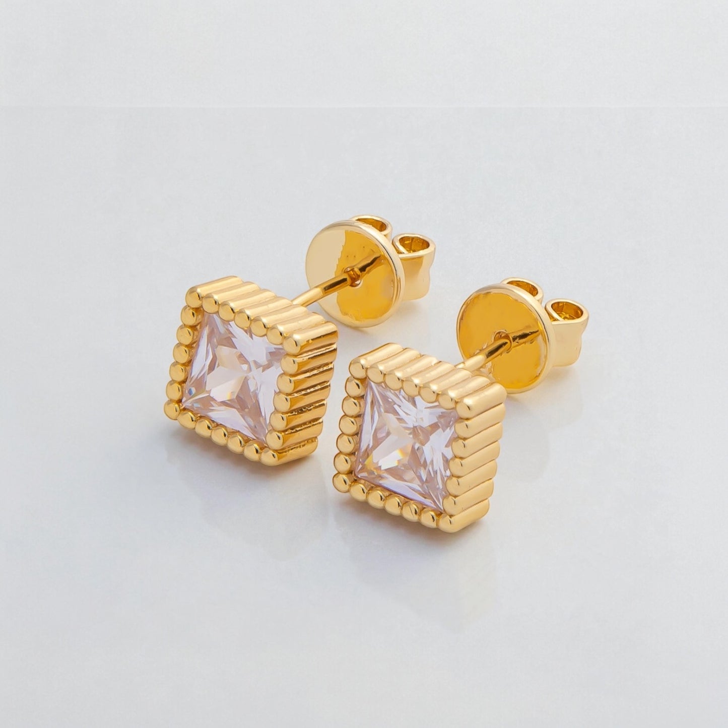 Ribbed CZ Bezel Stud Earrings