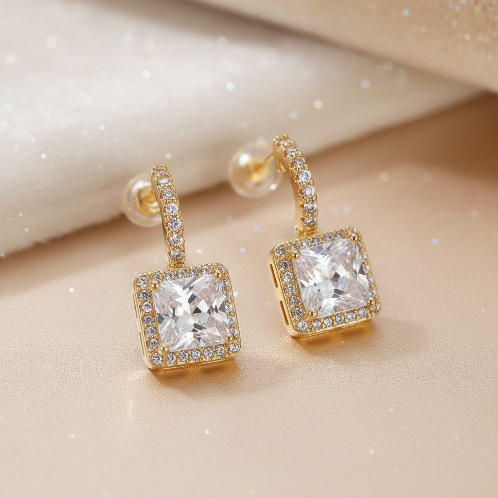Square CZ C-Shaped Hoop Earrings