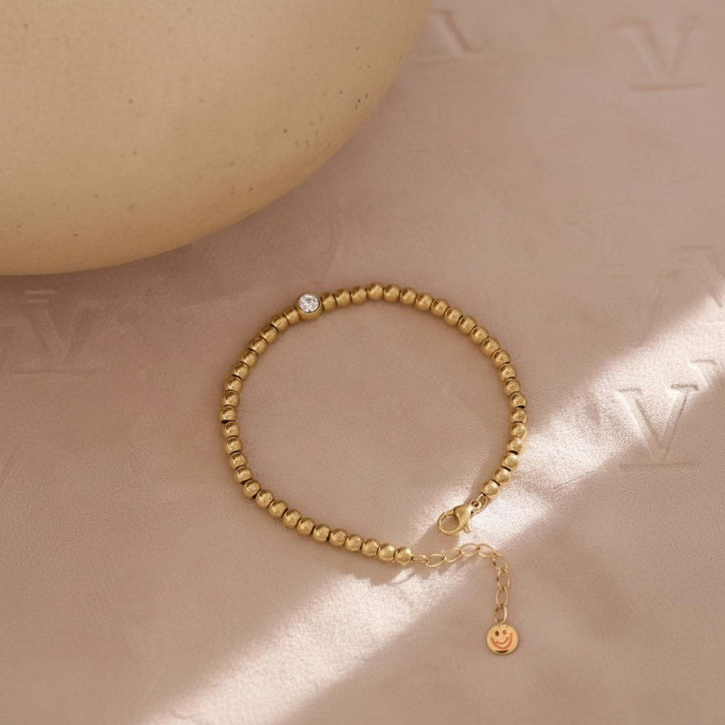Gold Beaded Bracelet W/ Round Cubic Zirconia