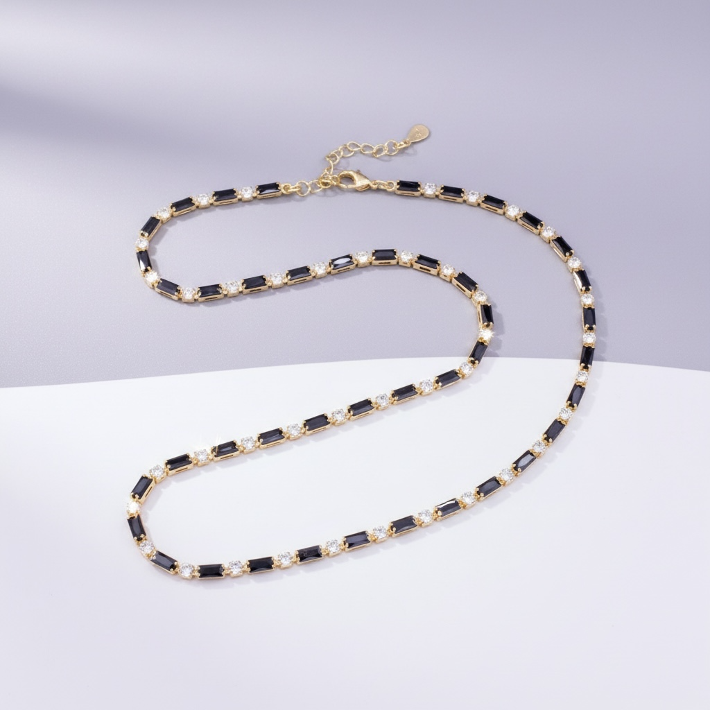 Black & White Checkered Baguette Tennis Necklace