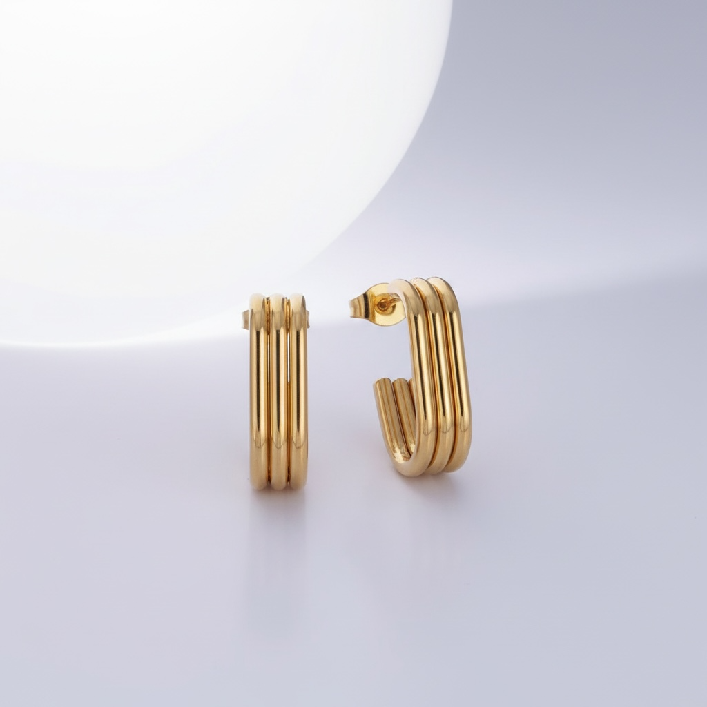 Triple Band J-Shaped Hoop Earrings