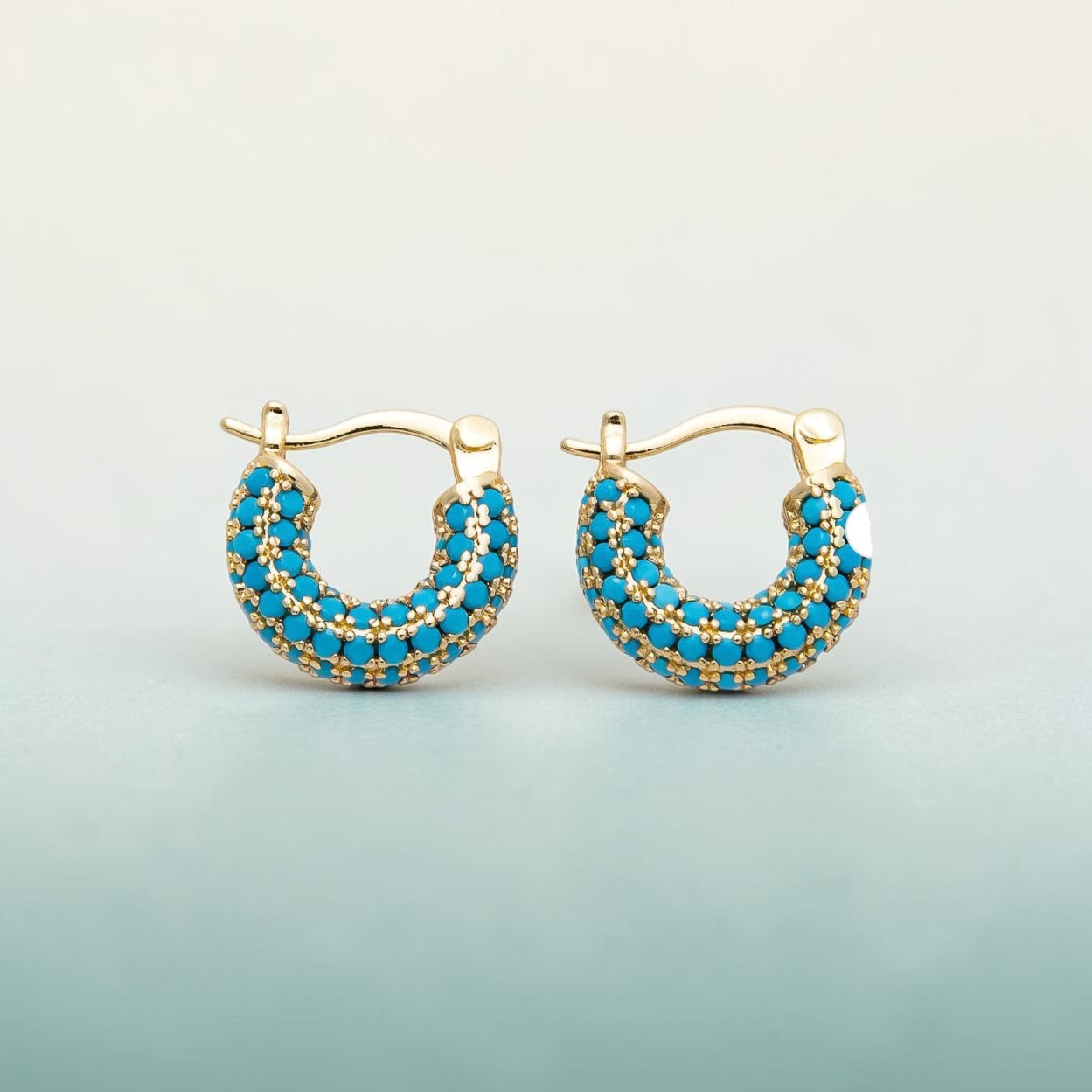 Turquoise CZ Chubby Latch Hoop Earrings