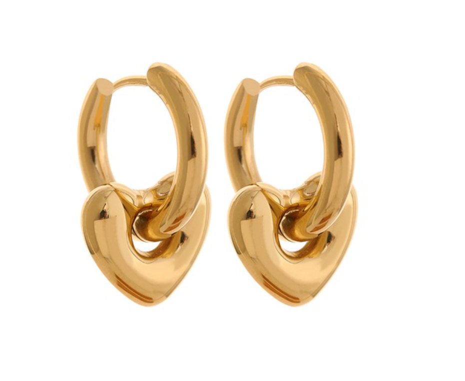 Heart Pendant Drop Hoop Huggie Earrings