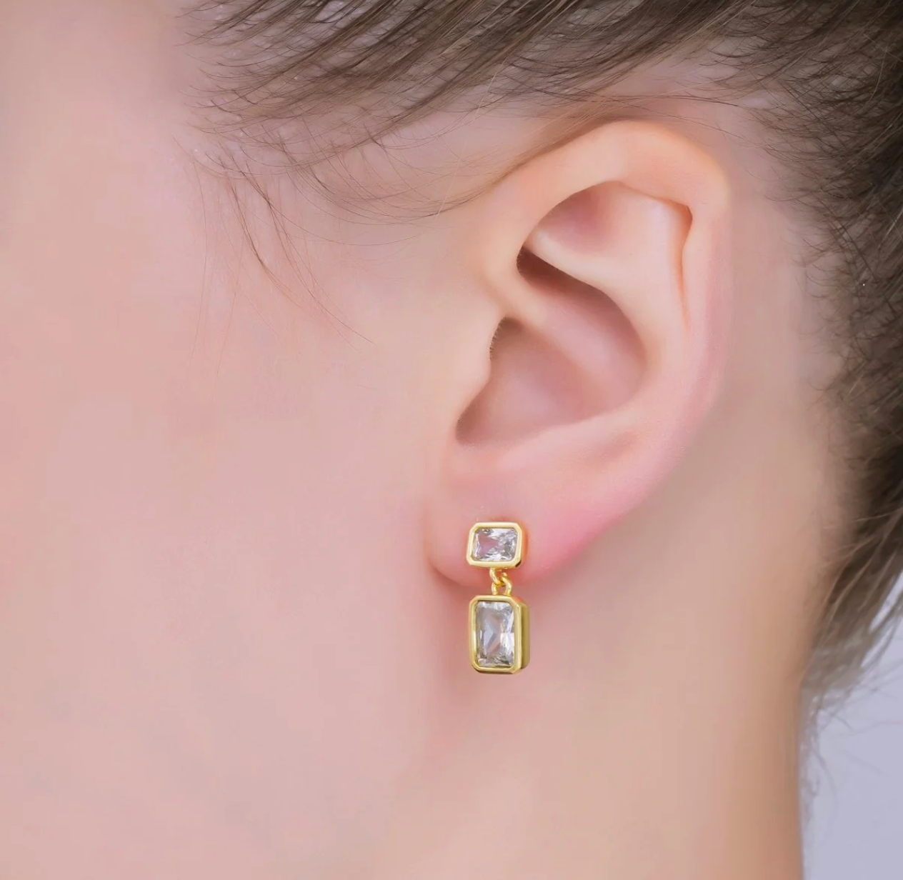 Double Square CZ Baguette Drop Stud Earrings