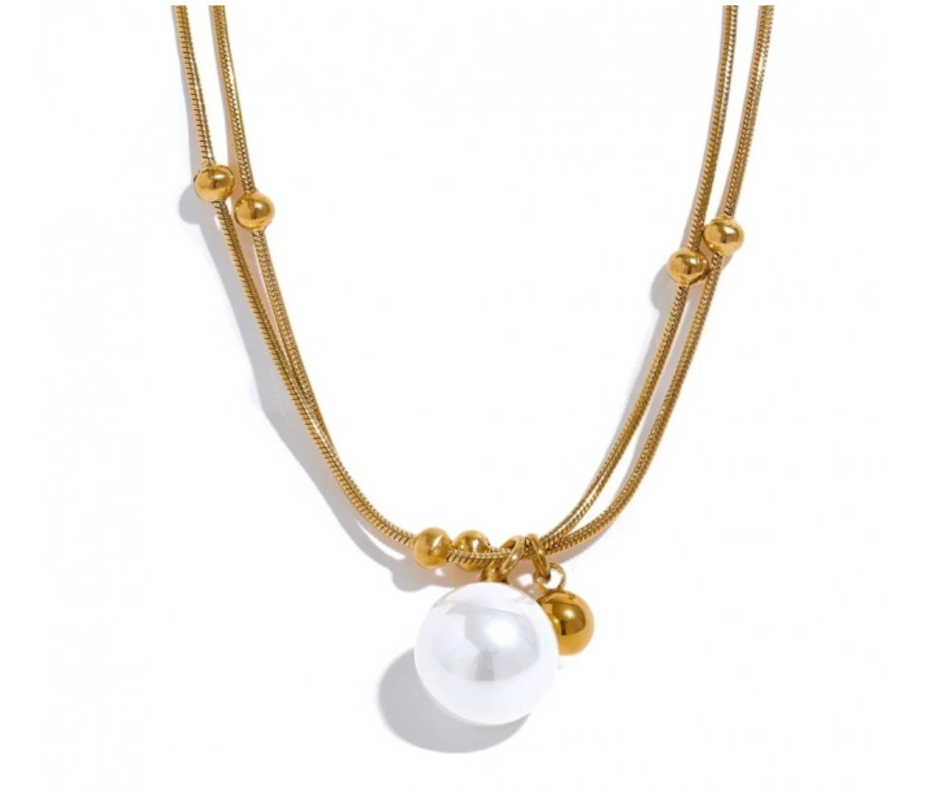 Pearl and Golden Bead Double Tube Chain Necklace