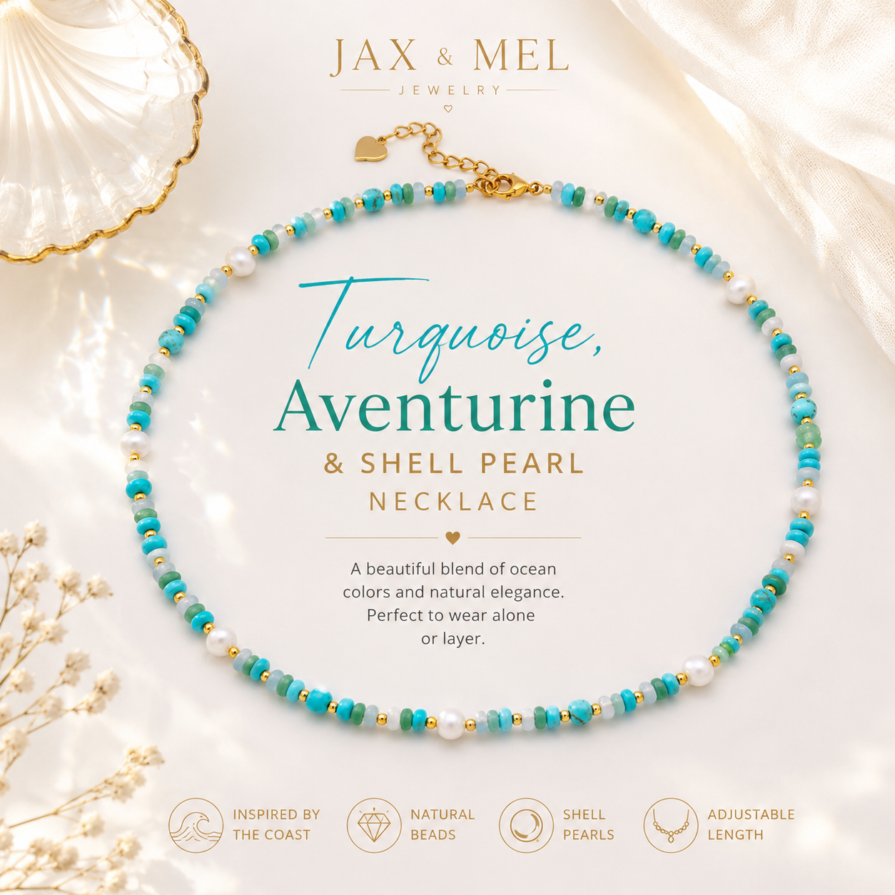 Turquoise, Aventurine & Shell Pearl Necklace