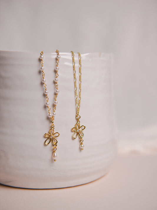 Open Flower Pearl Drop Necklace