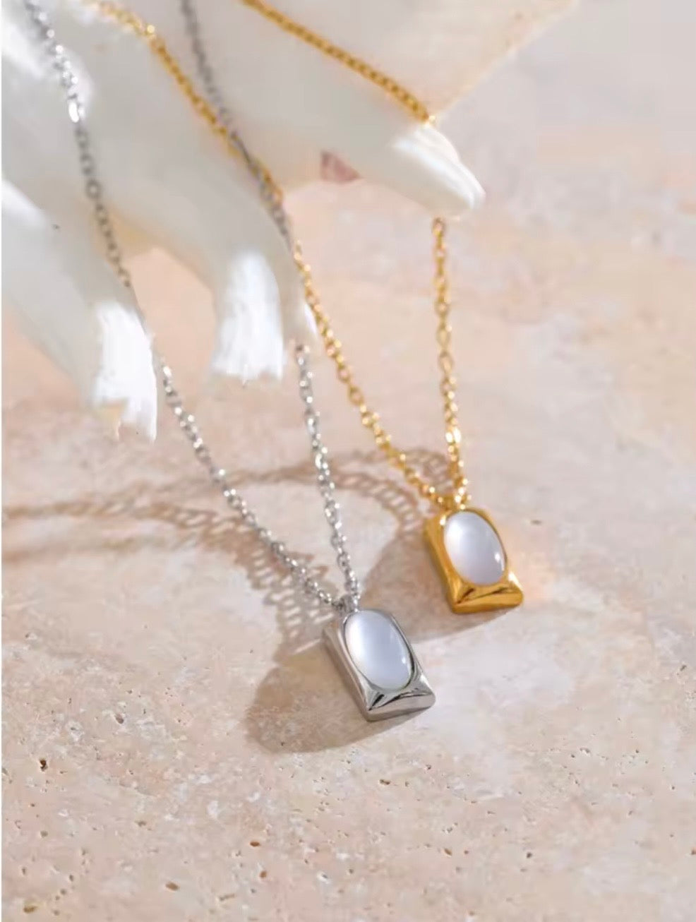 Natural Stone Shell Rectangle Necklace