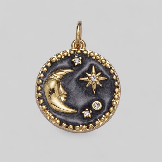 Black Enamel Crescent Celestial Moon and Stars