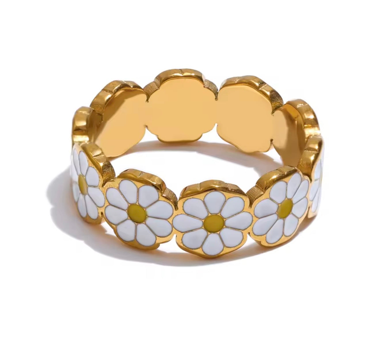 White Enamel Golden Daisy Flower Ring
