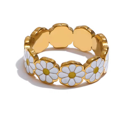 White Enamel Golden Daisy Flower Ring