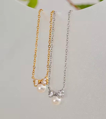 Delicate Imitation Pearl Bow Knot Necklace