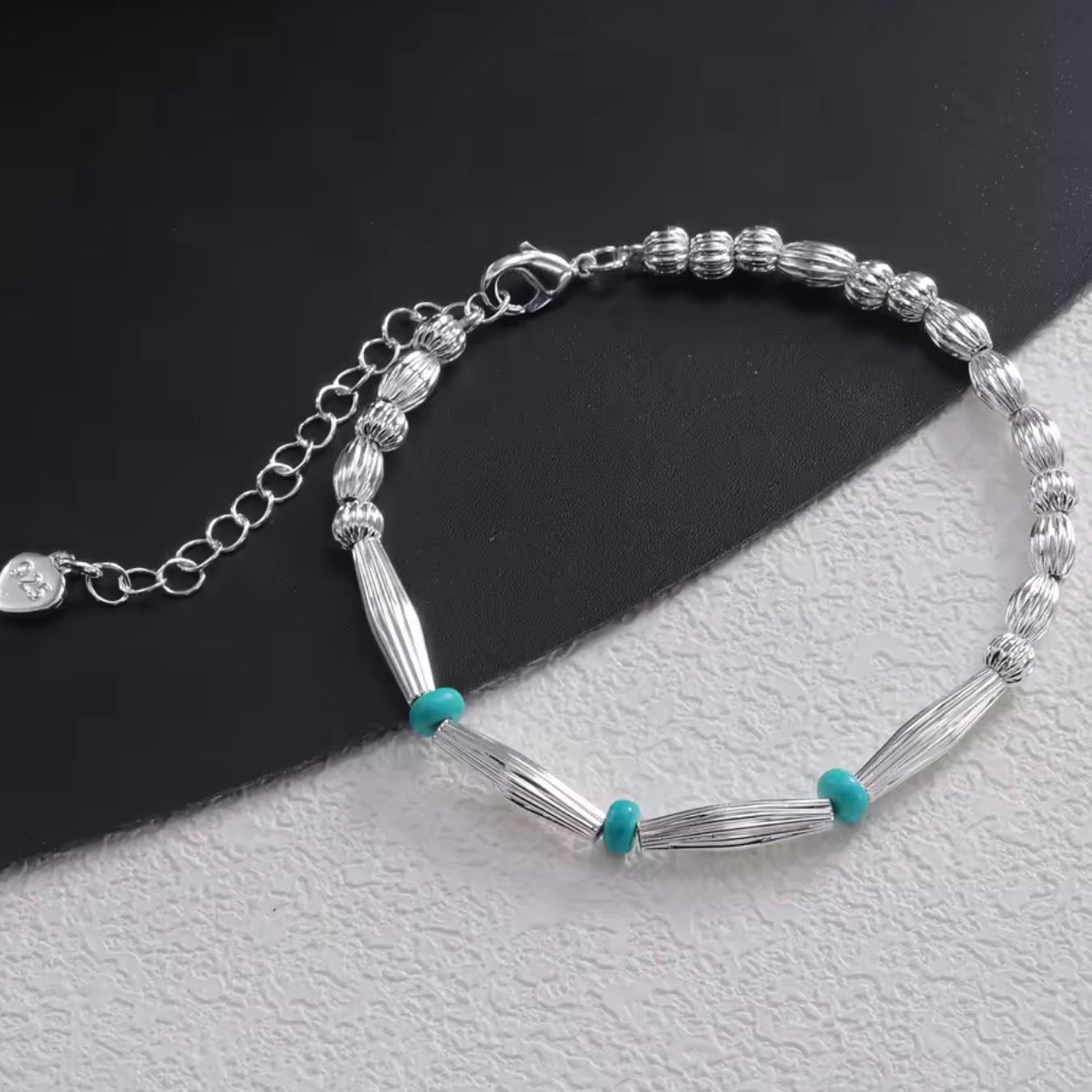 Sterling Silver Natural Turquoise Round Bead Bracelet