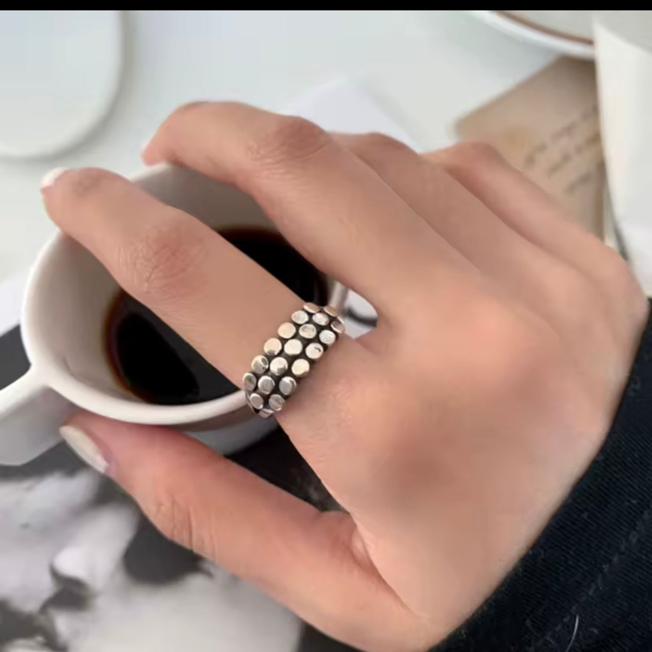 Sterling Silver Geometric Beaded Ring