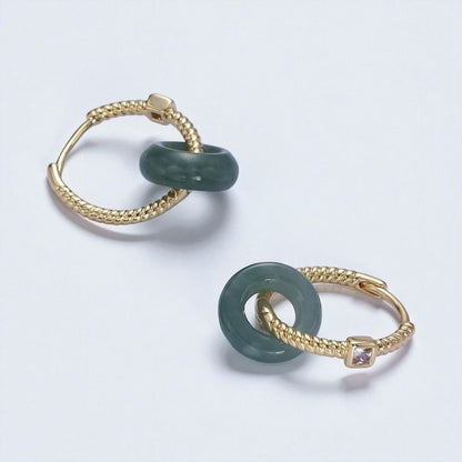 Green Jade Doughnut CZ Huggie Hoop Earrings