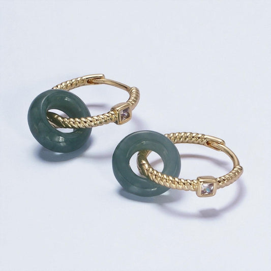 Green Jade Doughnut CZ Huggie Hoop Earrings