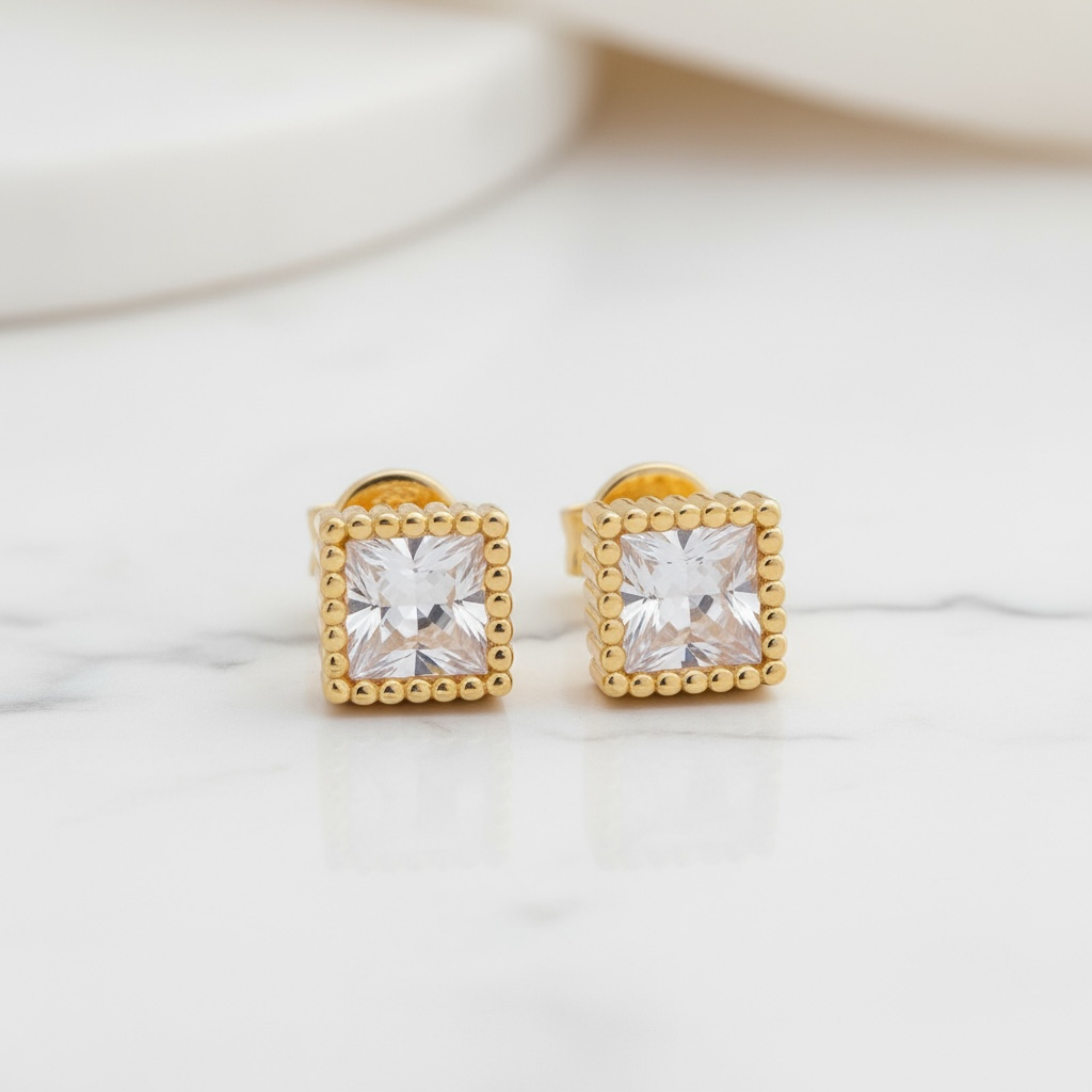 Ribbed CZ Bezel Stud Earrings