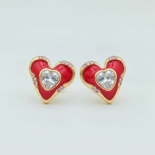 Red CZ Molten Heart Stud Earrings