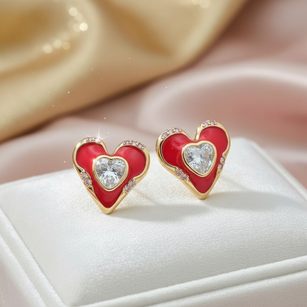 Red CZ Molten Heart Stud Earrings