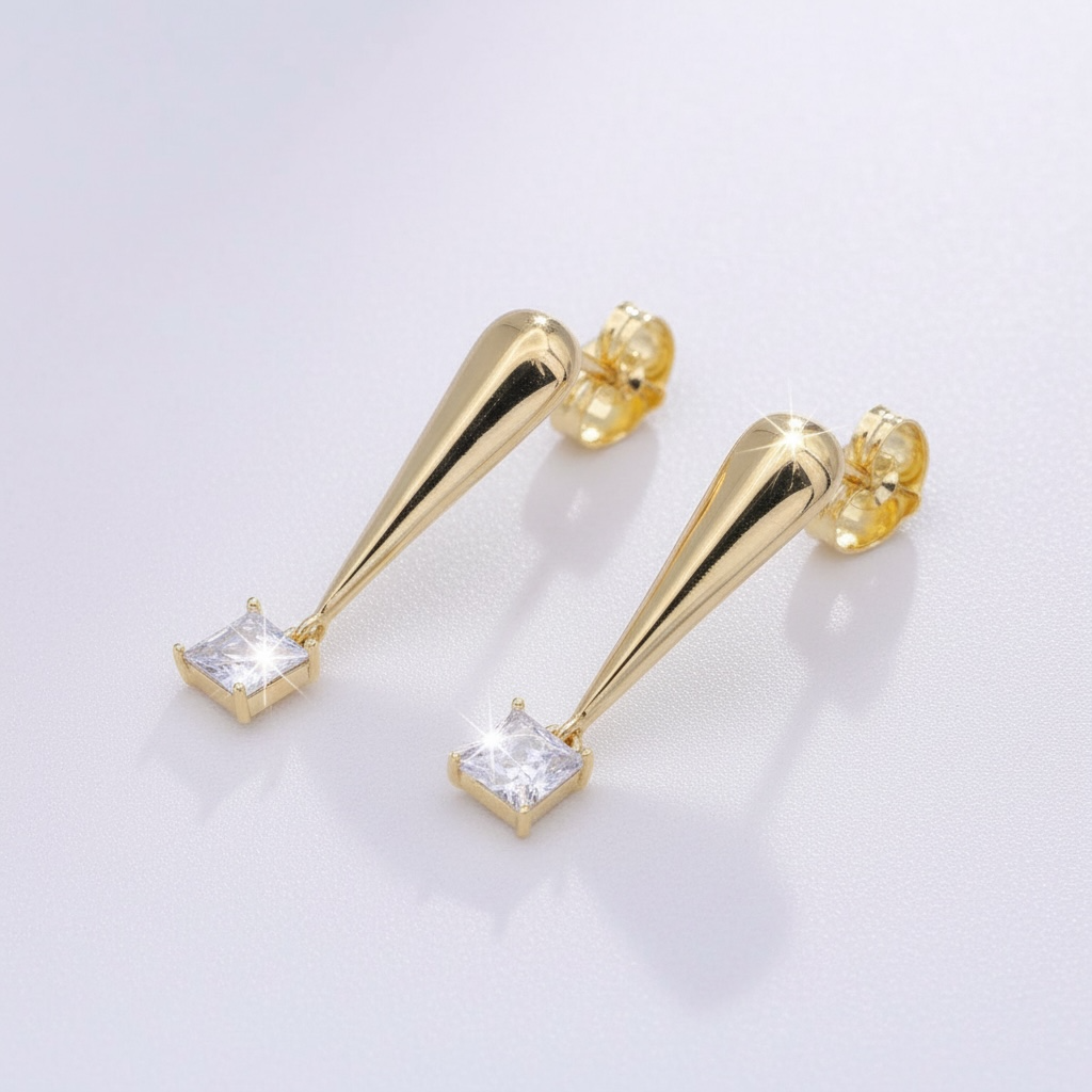 Square CZ Gold Drip Drop Earrings