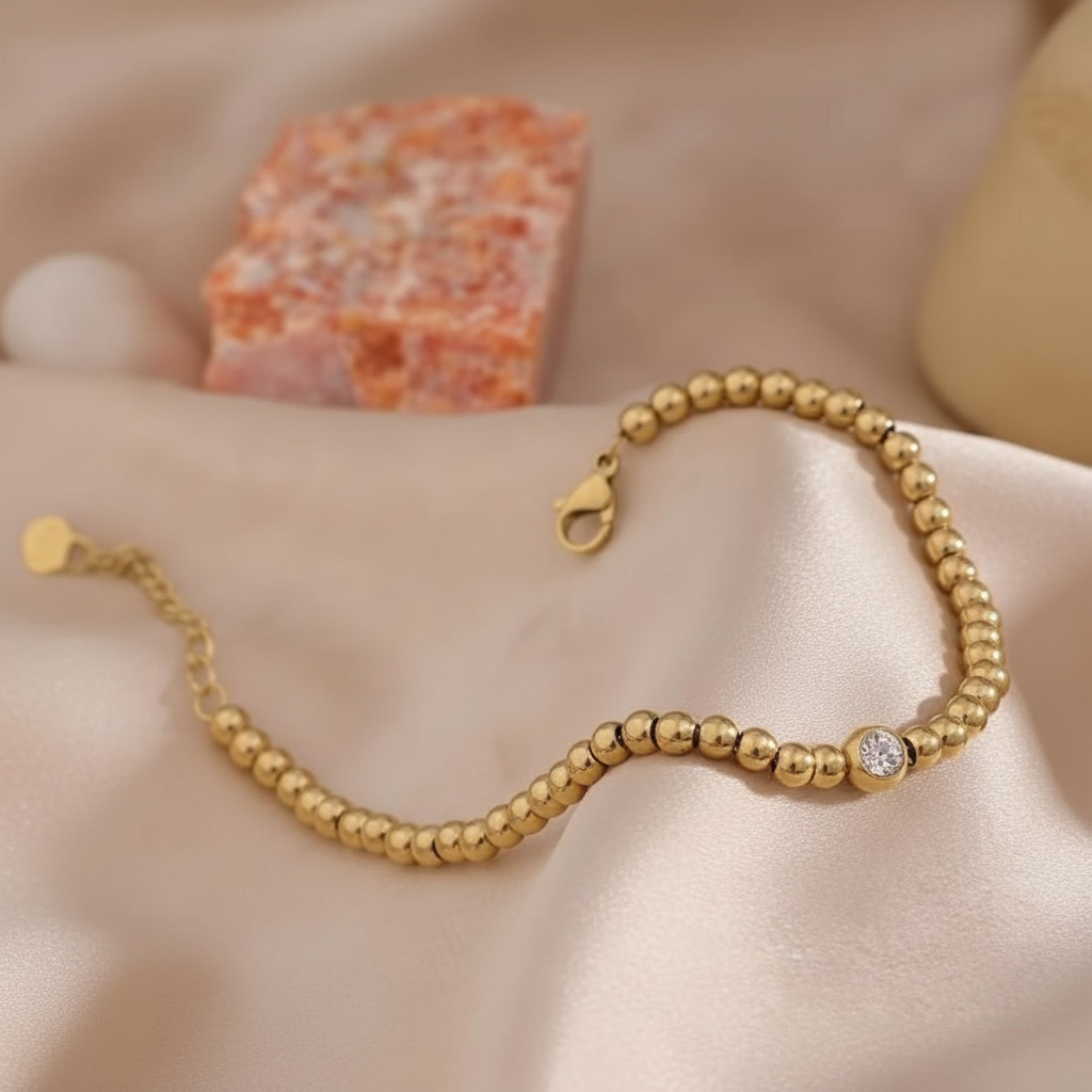 Gold Beaded Bracelet  W/ Round Cubic Zirconia