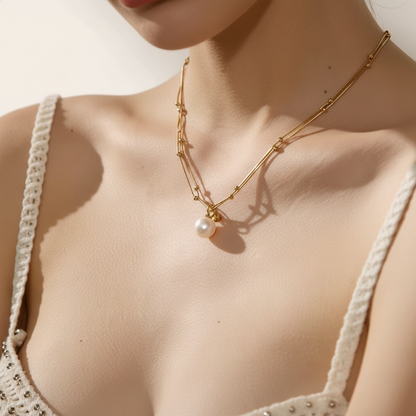 Pearl and Golden Bead Double Tube Chain Necklace