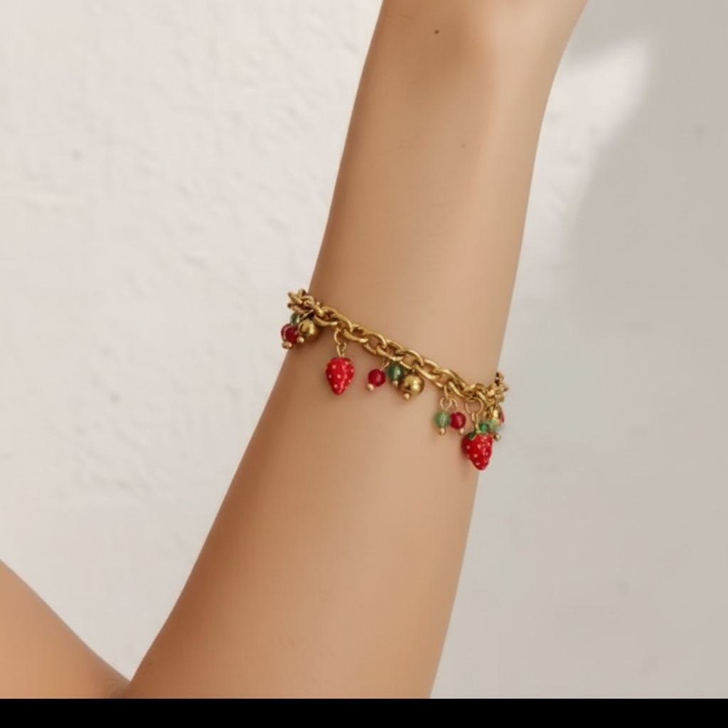 Enamel Stone Strawberry Drop Charm Bracelet