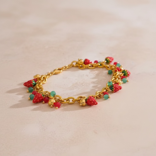 Enamel Stone Strawberry Drop Charm Necklace