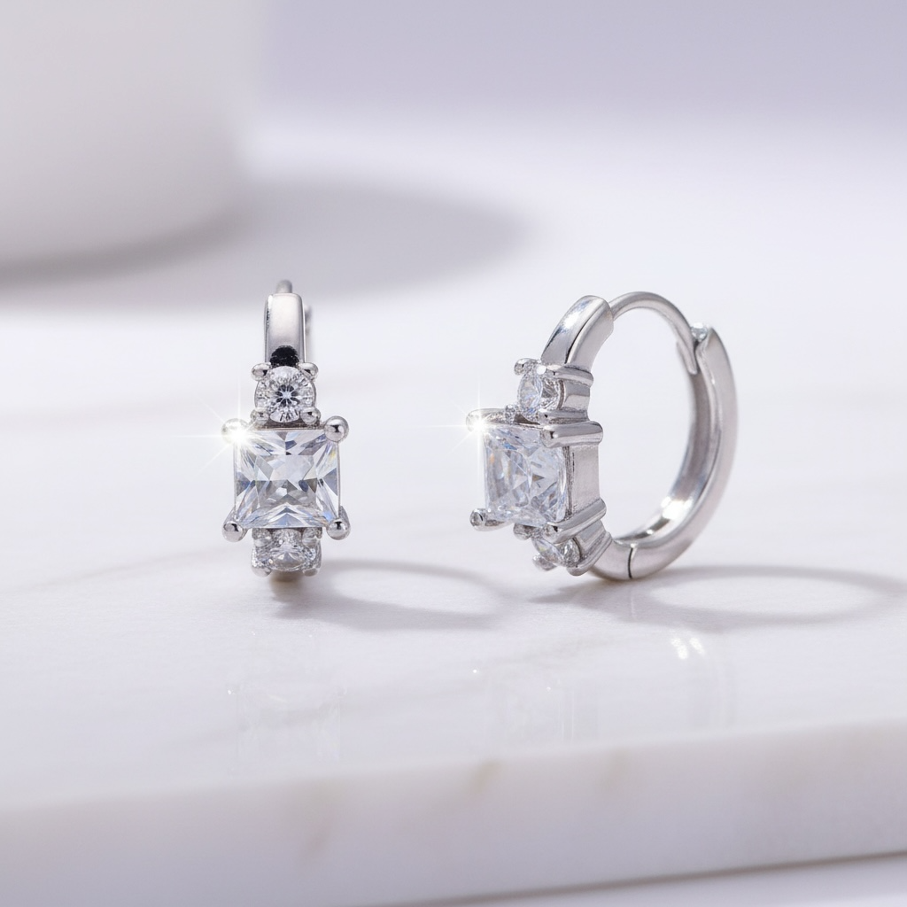 Triple CZ Square Round Huggie Earrings