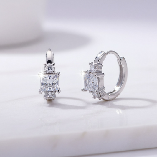Triple CZ Square Round Huggie Earrings
