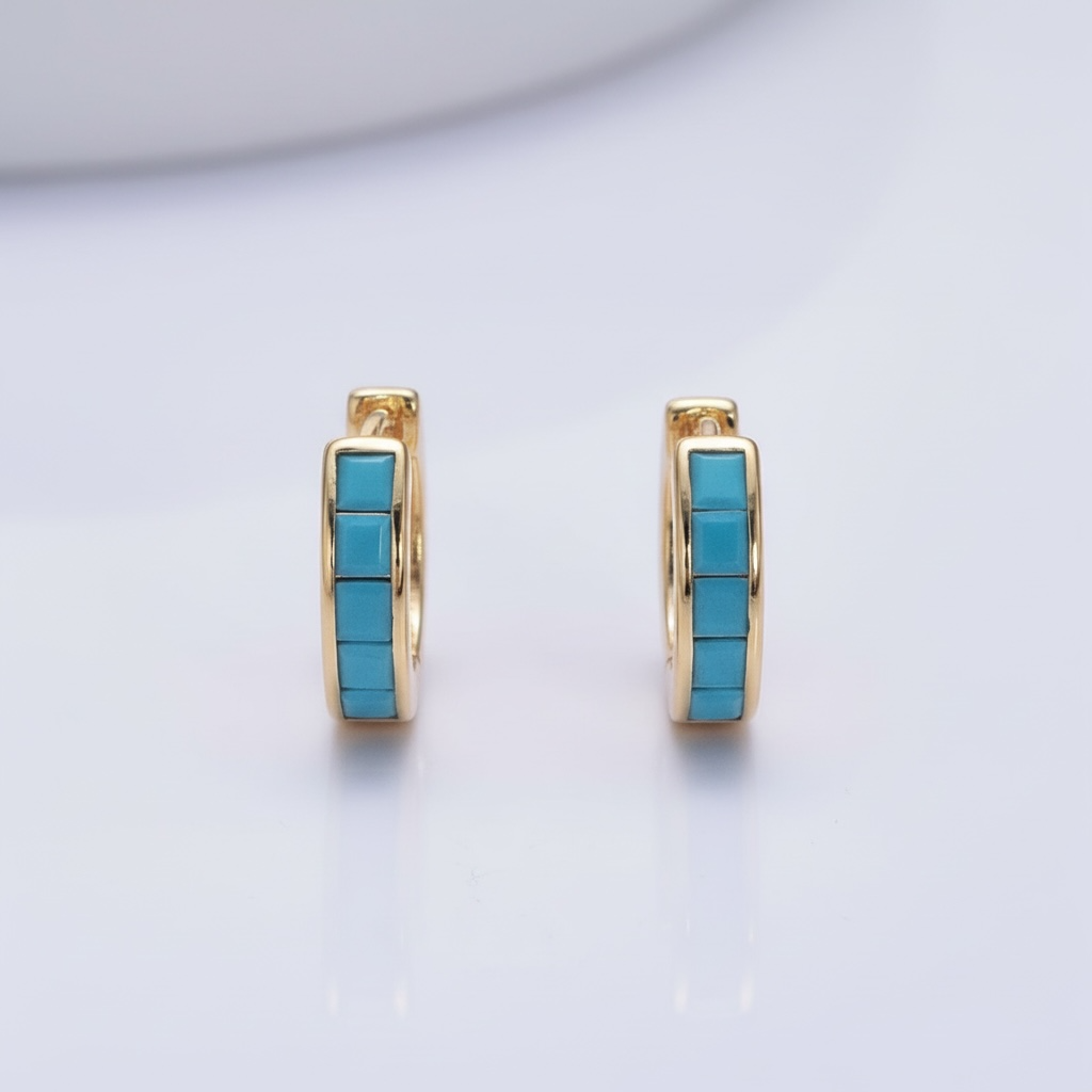 Lined Turquoise Square CZ Huggies