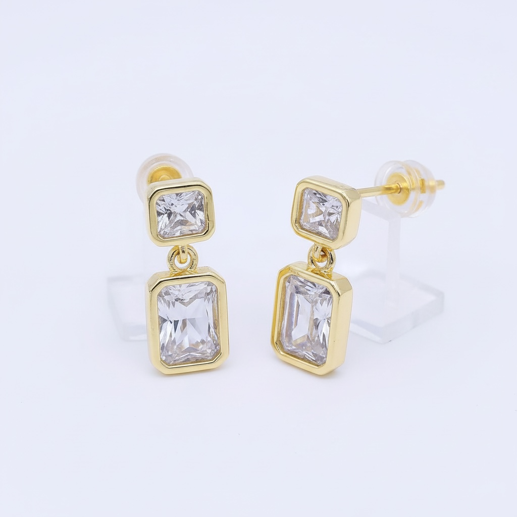 Double Square CZ Baguette Drop Stud Earrings