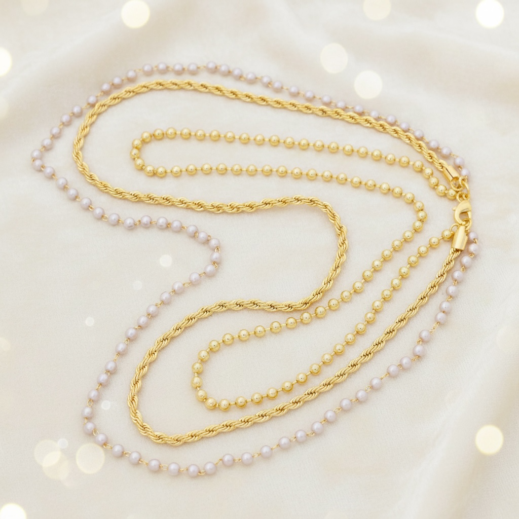 Layered Gold and Pearl Beaded Chain