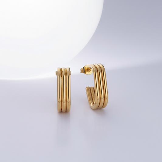 Triple Band J-Shaped Hoop Earrings
