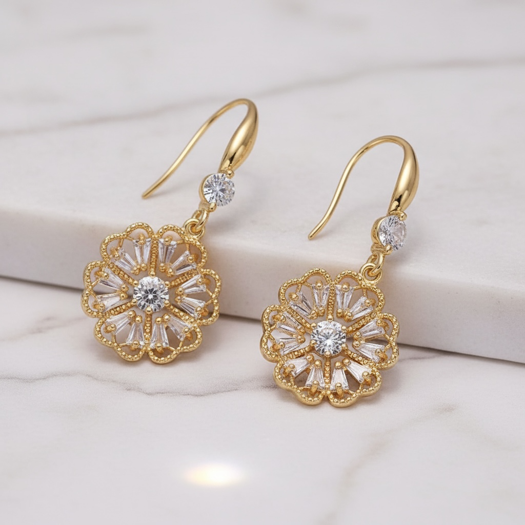 Open Flower Triangle Baguette Hook Earrings