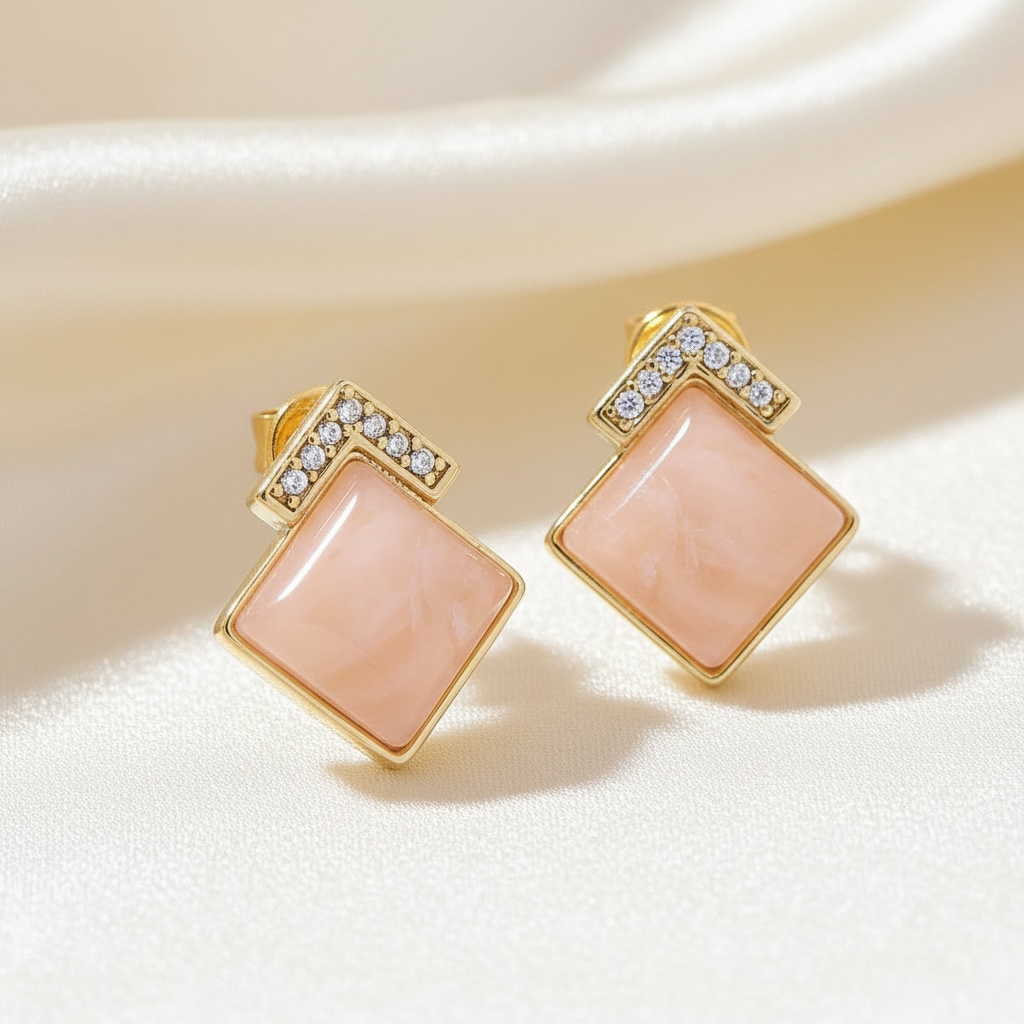 Pink, Gemstone Rhombus Stud Earrings