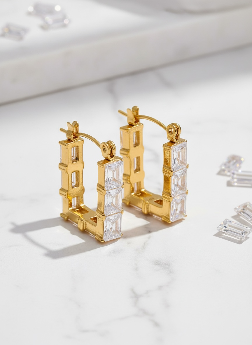 Rectangle Geometric  CZ Hoop Earrings
