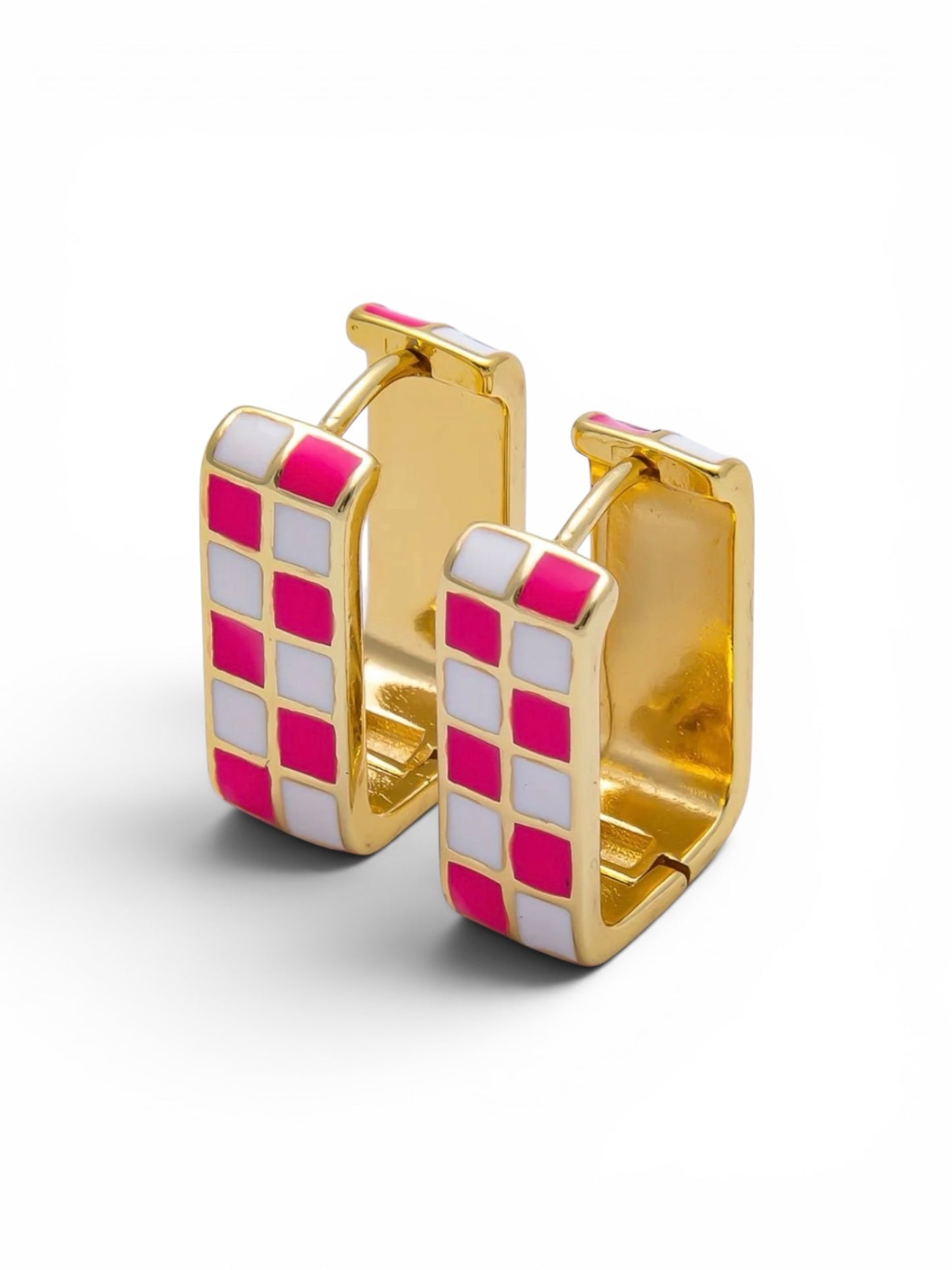 Checkered Enamel Square Huggie Earrings