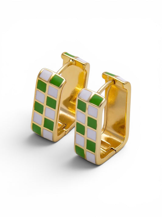 Checkered Enamel Square Huggie Earrings